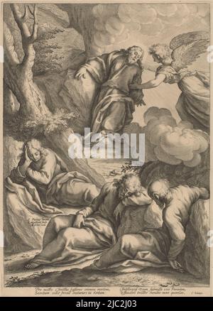 Christus im Garten Gethsemane. Drei schlafende Apostel im Vordergrund. Christus im Garten Gethsemane, Druckerei: Jacob Matham, (auf Objekt erwähnt), danach: Jacopo Palma, (auf Objekt erwähnt), Cornelius Schonaeus, (Auf Objekt erwähnt), Amsterdam, 1594 - 1598 und/oder 1601 - 1652, Papier, Gravur, H 394 mm × B 275 mm Stockfoto