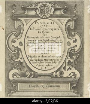 Titel in Kartusche von Harmonie des Evangeles, Duisburg 1592, Evangelicae historiae EVANGELI/CAE/historiae quadriparti/ta Monas/sive/Harmonia quatuor Evangelis (...) Gerardum Mercatorem (...) (Titel auf Objekt), Druckerei: Anonym, anonym, Verlag: Anonym, Deutschland, c. 1500 - 1592, Papier, Gravur, H 160 mm × B 130 mm Stockfoto