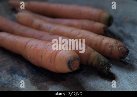 Gewaschene Karotten aus dem Garten auf Holzgesicht, natürliches Licht. Stockfoto