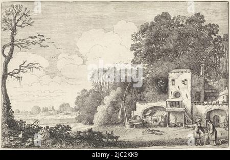 Eine Landschaft mit einem Haus, vor dem ein Mann, eine Frau und ein Kind (Abraham, Hagar und Ismael) stehen (Gen. 21:9-21). Der Mann hat seine rechte Hand in einer zeigenden Geste ausgestreckt. Im mittleren Vordergrund drei ruhende Hirten. Elfter Druck einer Serie von 52 Drucken mit Landschaften, aufgeteilt in zwei Teile von je 26 Drucken., Landschaft mit der Versendung von Hagar- und Isamel-Landschaften (Serientitel) Amenissimae aliquot requculae (Serientitel), Druckerei: Jan van de Velde (II), Jan van de Velde (II), Nordniederland, 1616, Papier, Radierung, H 120 mm × B 190 mm Stockfoto