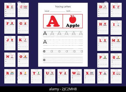 Übung mit Alphabet Buchstaben A bis z. Übung mit großgeschriebenen, kleingeschriebenen Trace-Übungen. Stock Vektor