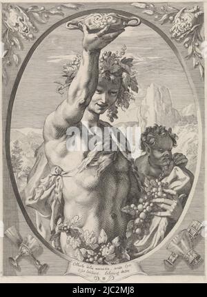 Bacchus als gott des Weines, mit Weinkelch und Trauben. In ovalem Zierrahmen., Bacchus, Druckerei: Edouard Tyrel, Jan Saenredam, Hendrick Goltzius, (auf Objekt erwähnt), 1832 - 1880, Papier, Gravur, Radierung, H 257 mm × B 195 mm Stockfoto