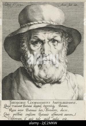 Porträt des Gelehrten, Schriftstellers und Künstlers Dirck Volckertsz. Coornhert mit einem Hut auf dem Kopf. Unten am Rand sein Name und ein vierzeiliger Vers über ihn in Latein., Portrait von Dirck Volckertsz. Coornhert, Druckerei: Jan Harmensz. Müller, nach: Cornelis Cornelisz. Van Haarlem, Amsterdam, 1590 - 1592, Papier, Gravur, H 185 mm × B 128 mm Stockfoto