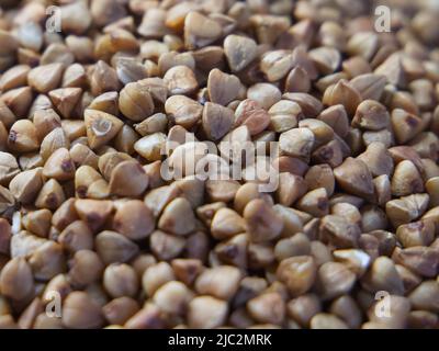 Organischer Buchweizen groats Makro Hintergrund. Geröstete, trockene Buchweizenkörner, Textur aus der Nähe. Vollkorn-Buchweizensamen für glutenfreie Ernährung, vegetarisch Stockfoto