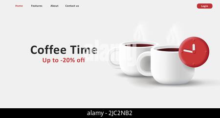 Webbanner für Kaffeestuben mit zwei Kaffeetassen und roter Uhr, abbildung 3D. Vektorgrafik Stock Vektor