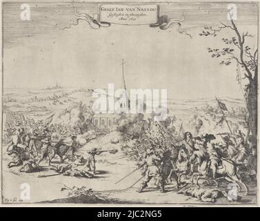 Gefangennahme von Johan VIII., Graf von Nassau-Siegen, durch Oberst Ysselstein bei Kämpfen in der Nähe von Wesel, August 1630. Heftige Kämpfe in einer Landschaft vor einer Kirche, im Vordergrund rechts wird der Graf zu Pferd gefangen genommen. Unten links markiert: abb. 11, fol. 102., Eroberung von Johan VIII., Graf von Nassau-Siegen in Wesel, 1630 Graef Jan van Nassou Geschlaghen en ghevanghen. Anno 1630 (Titel auf Objekt), Druckerei: Dirk Stoop, Niederlande, 1651 - 1652, Papier, Radierung, H 276 mm × B 348 mm Stockfoto