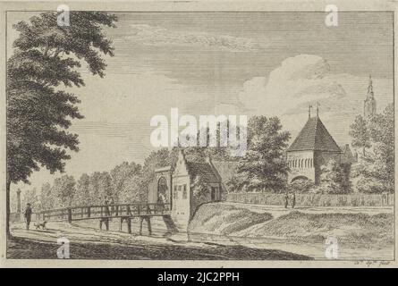 Blick auf den Slijkpoort in Amersfoort mit einer Brücke über den Kanal und ganz rechts auf den Turm unserer Lieben Frau, Blick auf den Slijkpoort in Amersfoort, den Slykpoort in Amersvoort (Titel auf Objekt), Druckerei: Hendrik Spilman, (auf Objekt erwähnt), Haarlem, 1742 - 1784, Papier, Radierung, Gravur, H 135 mm × B 190 mm Stockfoto