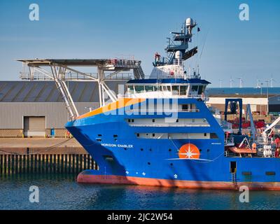 Die vorwärtsfahrende Helideck- und Tragkonstruktion des Horizon Enabler, einem Mehrzweck-ROV und Leichtbauschiff aus dem Jahr 2010. Stockfoto