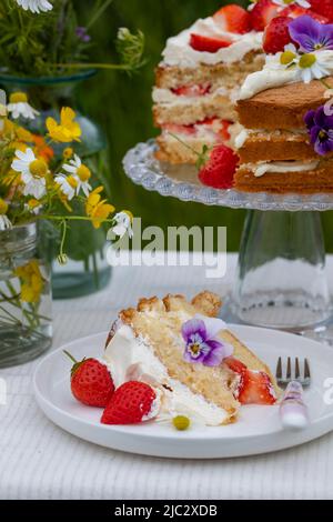 Skandinavische Erdbeer- und Sahnetorte im Hochsommer Stockfoto
