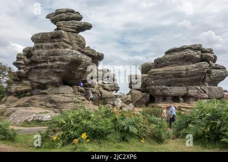 Gesamtansicht eines Teils der Brimham Rocks, in der Nähe von Harrogate, North Yorkshire, Großbritannien. Stockfoto