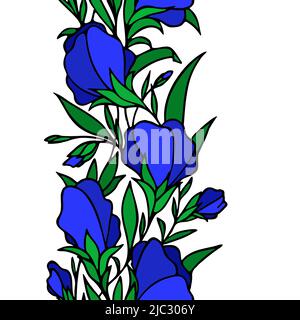 Floraler nahtloser Rand, blaue Blumen, sich wiederholende Ränder auf weißem Hintergrund mit schwarzer Umrandung, Textil, Design, Kunst, Grafik Stock Vektor