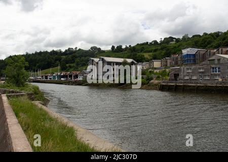 TOTNES, Großbritannien - 26. JUNI 2021 Wohngebäude am River Dart mit Hügeln im Hintergrund Stockfoto