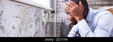 Seitenansicht eines Schockiert jungen afrikanischen Mann auf der Suche nach Schimmel an der Wand Stockfoto