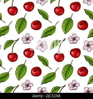 Handgezeichnetes buntes nahtloses Muster mit Kirschbeeren und Blumen. Vektorgrafik im farbigen Skizzenstil Stock Vektor