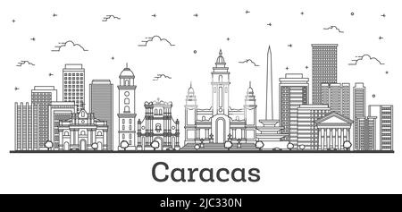 Skizzieren Sie die Skyline von Caracas Venezuela mit modernen und historischen Gebäuden, die auf Weiß isoliert sind. Vektorgrafik. Stadtbild von Caracas mit Wahrzeichen. Stock Vektor