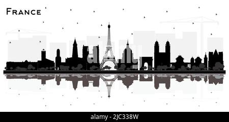 France Skyline Silhouette mit schwarzen Gebäuden und Reflektionen isoliert auf Weiß. Vektorgrafik. Historische Architektur. Stadtbild Frankreich. Stock Vektor