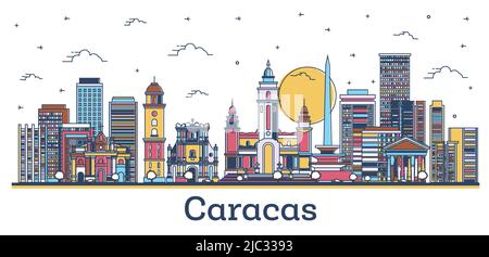 Skizzieren Sie die Skyline von Caracas Venezuela City mit farbigen historischen Gebäuden, die auf Weiß isoliert sind. Vektorgrafik. Stadtbild von Caracas mit Wahrzeichen. Stock Vektor