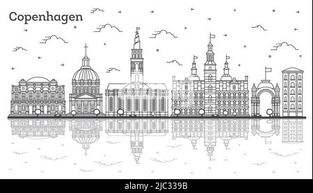 Skizzieren Sie die Skyline von Kopenhagen, Dänemark, mit historischen Gebäuden und Reflektionen, isoliert auf Weiß. Vektorgrafik. Kopenhagener Stadtbild. Stock Vektor