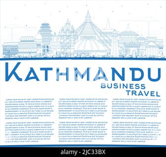 Umreißen Sie die Skyline von Kathmandu Nepal City mit blauen Gebäuden und Kopierraum. Vektorgrafik. Stadtbild von Kathmandu mit Wahrzeichen. Stock Vektor