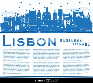 Skizzieren Sie die Skyline von Lissabon, Portugal, mit blauen Gebäuden und Kopierflächen. Vektorgrafik. Lissabon Stadtbild mit Wahrzeichen. Stock Vektor