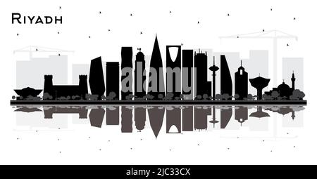 Riad Saudi-Arabien City Skyline Silhouette mit schwarzen Gebäuden und Reflektionen isoliert auf Weiß. Vektorgrafik. Stock Vektor