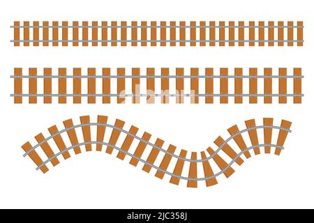 Rail Way Kollektion Draufsicht, Zugstraße im Cartoon-Stil isoliert auf weißem Hintergrund. Kurvenlinie einstellen Eisenbahn. . Vektorgrafik Stock Vektor