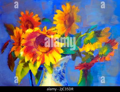 Blumenstrauß der Sonnenblumen, impressionistisches Gemälde Öl auf Leinwand. Sonnenblumen in einer japanischen Vase auf Tischdecke Stockfoto