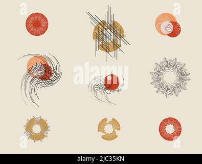 Abstrakt Einfache dekorative Embleme mit Kreisen und gewellten Linien auf pastellfarbenem Hintergrund. Trendy gemustert minimalistisch künstlerischen farbigen Symbole für Logos Stockfoto