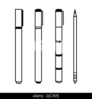 Satz von Zeichenmaterial. Minimalistische Stift-, Marker- und Bleistift-Icon-Kollektion. Handgezeichnete Vektorwerkzeuge für den Schulabschluss Stock Vektor