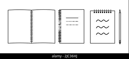 Set mit minimalistischen Notizbuchtymbolen und Bleistift. Zurück zu den Schulmaterialien. Stationäre Elemente zum Journaling, Kugeljournal Stock Vektor