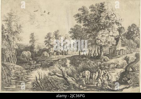 Landschaft mit einem Bach und zwei Bauernhöfen. Am Ufer vier Menschen und drei Kühe, von denen eine gemolken wird., Bauern mit Rindern an einem Bach, Druckerei: Lucas van Uden, nachher: Peter Paul Rubens, Low Countries, 1605 - 1673, Papier, Radierung, H 212 mm × B 320 mm Stockfoto