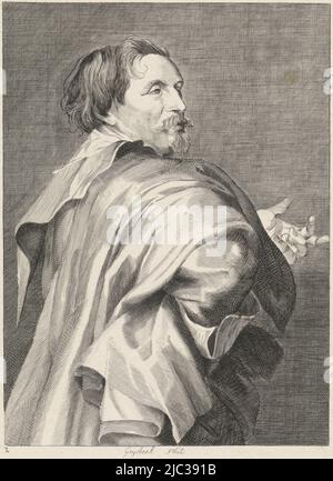 Porträt des Antwerpener Malers Theodoor Rombouts. Rechts im Profil mit Arm in der Seite., Porträt von Theodoor Rombouts, Druckerei: Frederik Nicolaas Horatius Witsen Geysbeek, (auf Objekt erwähnt), Paulus Pontius, nach: Anthony van Dyck, Antwerpen, 1820 - 1874, Papier, Gravur, H 390 mm × B 258 mm Stockfoto