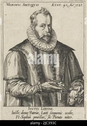 Porträt des Humanisten und Gelehrten Justus Lipsius (1547-1606). In der Mitte dargestellt, in der rechten Hand ein Buch, seine linke Hand auf dem Kopf seines Spaniels Saphyrus, Porträt von Justus Lipsius, Druckerei: Anonymous, Hendrick Goltzius, (auf Objekt erwähnt), Hendrick Goltzius, Niederlande, (möglicherweise), 1587 - c. 1600, Papier, Gravur, H 141 mm × B 99 mm Stockfoto