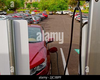 In Ashland, Oregon, bietet das Hotel Ashland Springs vier Ladestationen für Elektrofahrzeuge. Symbol auf dem Parkplatz, der für Elektroautos reserviert ist (Chevrolet Volt Seen Charging) Stockfoto