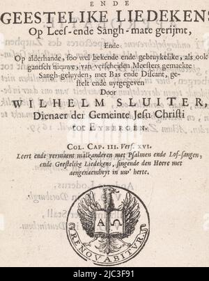 Titelseite für: Willem Sluiter, Psalmen, lof-sangen, ende geestelike liedekens, 1661. Mit einer Vignette, die einen Adler mit einer offenen Bibel und den Symbolen von Alpha und Omega darstellt, Titelseite für: Willem Sluiter, Psalmen, Loblieder, Ende geestelike liedekens, 1661, Druckerei: Jochem van Stegeren, Verlag: Jan Colomp, (erwähnt auf Objekt), Deventer, 1661, Papier, Radierung, Buchdruck, H 172 mm × B 113 mm Stockfoto