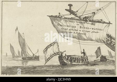 Titelseite einer Serie von acht Abzügen. Zwei Staatsschlaufen, die auf hochrangigen Persönlichkeiten verwendet werden, mit Baldachin und Flagge. Eine Reihe von Segelschiffen und der Bugsprit eines größeren Segelschiffes mit einem Segel mit Text, drei Männer auf dem Hof, State sloop und Segelschiffe auf ruhigem Wasser The Utility und Vermakelik Gebruyk van Verscheyde Binne-Waters, Constigh afgheteeckent en i't Cooper gebracht door R.N. Zeeman (Serientitel auf Objekt) Binnenweren (Serientitel), Druckerei: Reinier Nooms, (erwähnt auf Objekt), Reinier Nooms, Niederlande, 1654 - 1750, Papier, Radierung, H 132 mm × B 204 mm Stockfoto