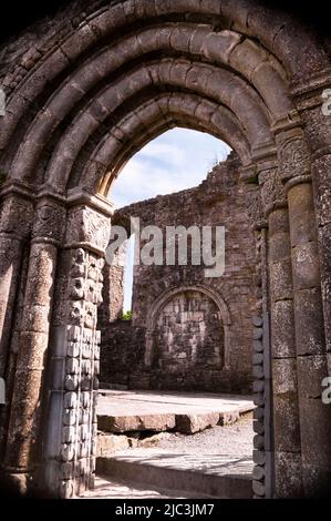 Romanischer Eingang zu den Ruinen der Cong Abbey in Cong, Irland. Stockfoto