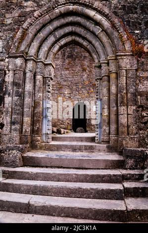 Romanischer Eingang zu den Ruinen der Cong Abbey in Cong, Irland. Stockfoto