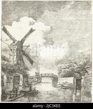 Landschaft mit Mühle durch Wasser, Druckerei: Albertus Brondgeest, , Niederlande, 1796 - 1849, Papier, Ätzen, Pinsel, H 255 mm × B 231 mm Stockfoto