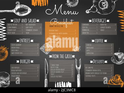 Menüvorlage mit handgezeichneten Food-Elementen auf Kreidetafel Imitation Hintergrund dekoriert. Vektorgrafik Stock Vektor