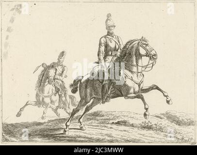 Zwei Soldaten zu Pferd, Druckerei: Johannes Mock, (auf Objekt erwähnt), Niederlande, 1821 - 1827, Papier, Ätzung, H 103 mm × B 140 mm Stockfoto