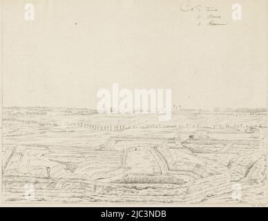 Hügelige Landschaft südlich von Nijmegen mit einer Mauer. In der Ferne sind die Städte Cuijk, Mook und Boxmeer durch Zahlen gekennzeichnet. Der Druck ist Teil einer Suite von neun Drucken, darunter der Titeldruck, Blick auf die Landschaft südlich von Nijmegen nach Süden (Titel auf Objekt) Ansichten um die Stadt Nijmegen (Serientitel) Gelderland-Panorama oder Rundblick nach dem Leben gezeichnet am belvedere in Nymegen (Serientitel), Druckerei: Derk Anthony van de Wart, (auf Objekt erwähnt), Nijmegen, 1815 - 1824, Papier, Radierung, Stift, H 303 mm, B 394 mm Stockfoto