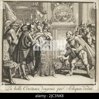 Karikatur zu Ludwig XIV. Und der Verfolgung der Protestanten in Frankreich, 1689. La Belle Constance (die französischen Protestanten) wird von Ludwig XIV., Jesuit und Soldaten umworben. Mit der Gruppe auf der rechten Seite mit König James II und der Königin mit dem unterprivilegierten Kind kann sie auch keine Sicherheit finden. Unten die Szene ein Vers in 2 Kolumnen auf Niederländisch, Cartoon über Ludwig XIV. Und die Verfolgung der Protestanten in Frankreich, 1689 La Belle Constance Drache, Druckerei: Gisling, (auf Objekt erwähnt), Druckerei: Romeyn de Hooghe, (zugeschrieben), Romeyn de Hooghe, (zugeschrieben), Druckerei: Genève, Drucken Stockfoto