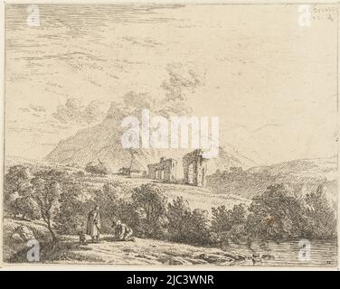 Landschaft mit Ruine und zwei Männer mit Hund, Druckerei: Karel du Jardin, (auf Objekt erwähnt), Karel du Jardin, Den Haag, 1658, Papier, Radierung, H 122 mm × B 156 mm Stockfoto