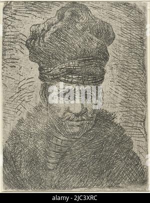 Büste eines Mannes im Gesicht, mit Knebel, einem hohen Hut und pelzbeschnittener Kleidung., Büste eines Mannes mit polnischem Hut, Druckerei: Anonymous, Jan Gillisz. Van Vliet, nach: Rembrandt van Rijn, Niederlande, 1630 - 1700, Papier, Radierung, H 104 mm × B 80 mm Stockfoto