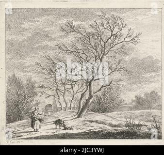 Winterlandschaft mit einer Frau und zwei Kindern, die im Vordergrund Holz sammeln. Im Hintergrund ein Planwagen. Dritter Druck in einer Serie von dreizehn mit Monaten, Winterlandschaft Februar die zwölf Monate (Serientitel) die farbigen Zeichnungen der 12 Monate (...) (Serientitel), Druckerei: Johannes Janson, (auf Objekt erwähnt), Johannes Janson, Leiden, 1783, Papier, Radierung, H 143 mm × B 170 mm Stockfoto