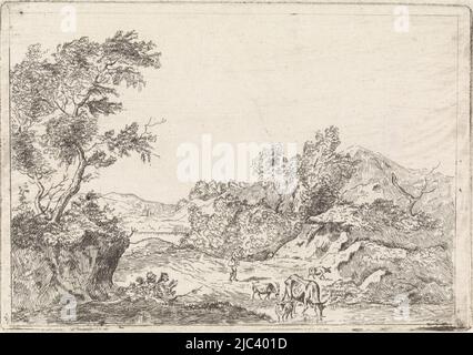 Bergige Landschaft mit Hirten, mit Hirtenstab und seinem Vieh. Eine Kuh trinkt aus dem Fluss., Berglandschaft mit Rindern, Druckerei: Johannes Christiaan Janson, (möglicherweise), Druckerei: Johannes Janson, (möglicherweise), 1761 - 1823, Papier, Radierung, H 108 mm × B 155 mm Stockfoto