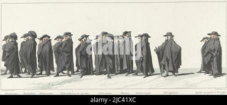 Mitglieder der Stadholder Küche und Hof. Am Rand die Bildunterschrift auf Niederländisch, Französisch und Englisch. Teil einer Serie von 41 Tafeln der Trauerprozession von Stadholder Wilhelm IV. In Delft am 4. Februar 1752. Nummeriert oben rechts: 14., Begräbnis von Wilhelm IV., 1752, Platte 14 Braadmeesters / Pasteibakkers / Keukenmeesters (...) (Titel auf Objekt) Lyk-staetsie van zyne doorluchtigste Hoogheid den Heere Willem [IV] Carel Hendrik Friso, Prince van Orange en Nassau... hielt den IV. Februar 1752 (Serientitel auf Objekt), Druckerei: Jan Punt, (auf Objekt erwähnt), Zeichner: Pieter Jan Stockfoto