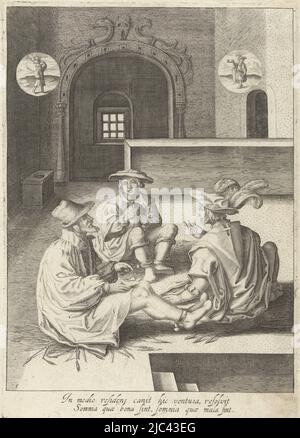 Joseph ist im Gefängnis mit Pharaos Bäcker und Mundschenk. Joseph erklärt ihre Träume., Joseph erklärt Träume im Gefängnis Geschichte von Joseph (Serientitel), Druckerei: Robert de Baudous, Lucas van Leyden, Nordholland, 1591 - 1659, Papier, Gravur, H 286 mm × B 203 mm Stockfoto