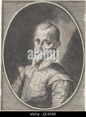 Porträt von Francisco Hurtado de Mendoza (1545-1623), Admiral von Aragon, spanischer General im 80-jährigen Krieg. Büste nach links, ein Kreuz auf der Brust, in einem Oval., Porträt Francisco Hurtado de Mendoza, Jacob Matham, Druckerei: Anonym, nach: Pieter Isaacsz., 1600 - 1650, Papier, Gravur, H 184 mm × B 120 mm Stockfoto